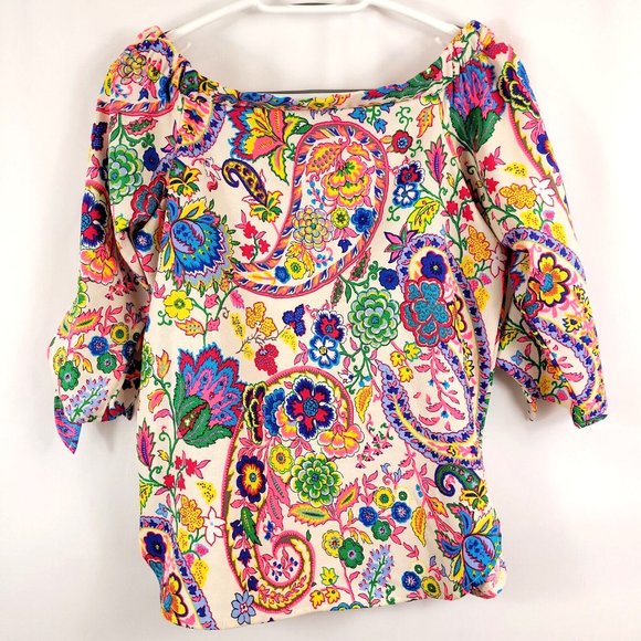 Glam Off the Shoulder Neon Paisley Blouse Size Small - Picture 2 of 6